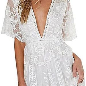 Deep V Neck White Lace Romper Size Extra Large